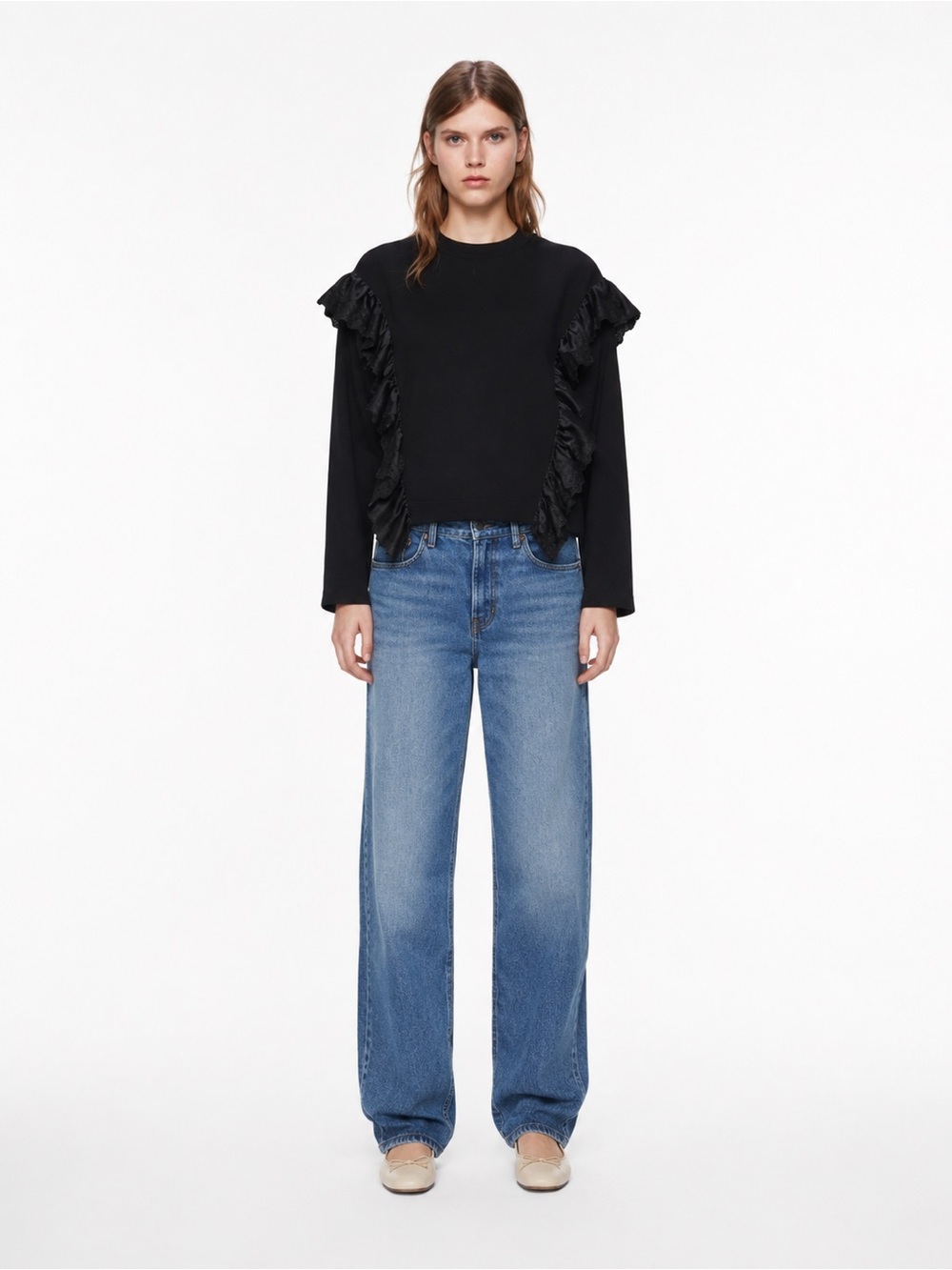 ZARA Eyelet Crewneck Ruffle Long Sleeve Sweatshirt Top Black
